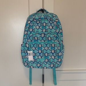 Vera Bradley Go Fish Blue Patterned Quilted Large Essential Travel Backpack NWT